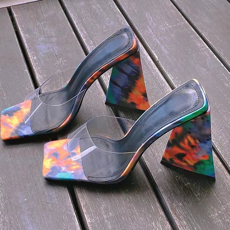 2021 spring and summer new square toe triangle heel thick high heel outdoor slippers European and American style 7 color cross-border women's shoes 42