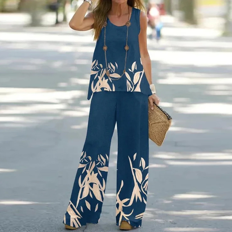 2024 cross-border foreign trade European and American summer casual women's printed sleeveless top elastic high waist trousers two-piece suit