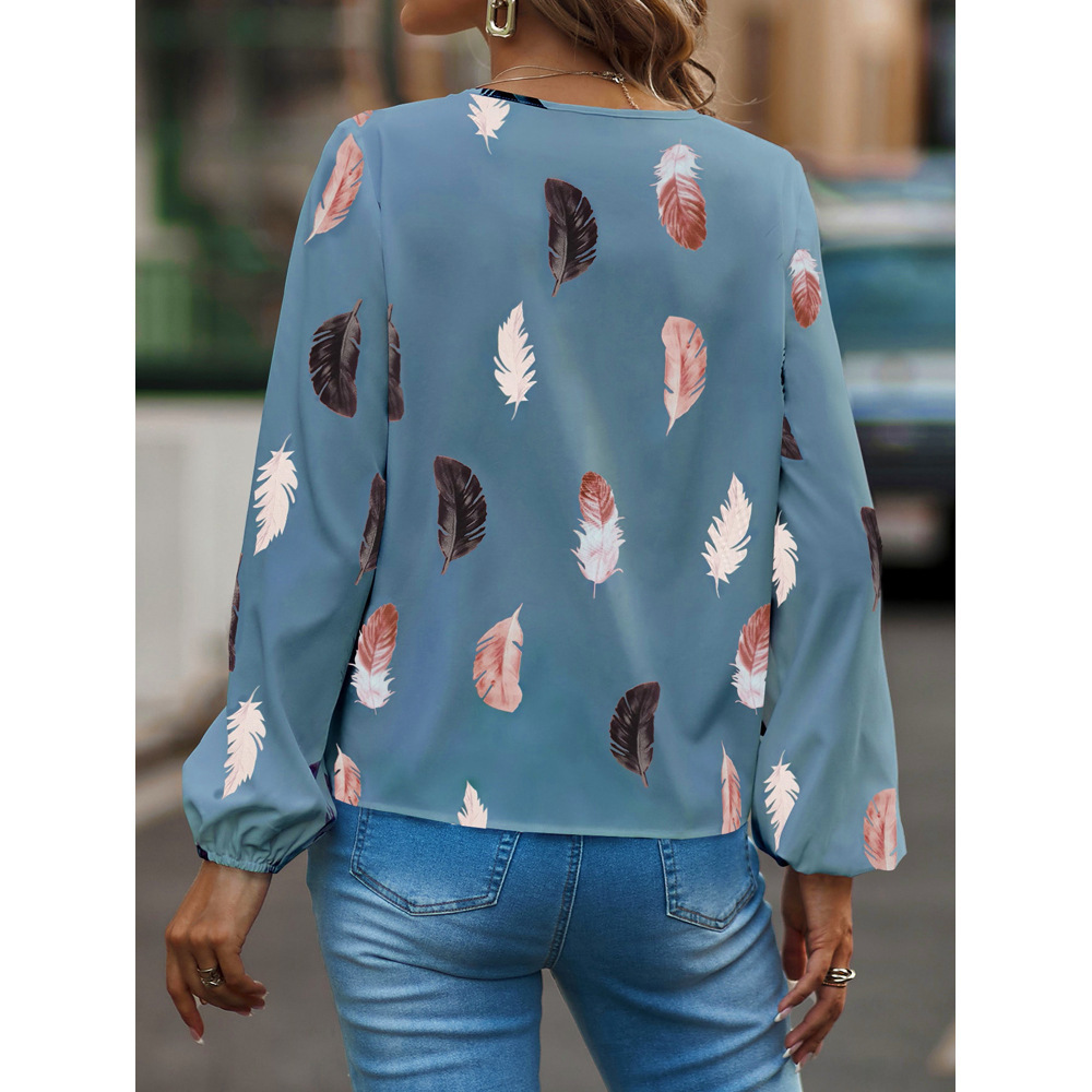 Autumn and Winter 2024 New Cross-border Amazon European and American Women's V-neck Feather Printing Long Sleeve Loose T-shirt Women's Top