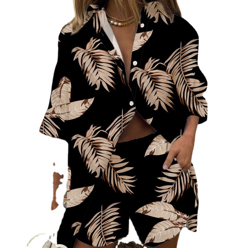 European and American New Women's Cross-border Lapel Short-sleeved Printed Shirt Two-piece Set of Wide-leg Loose Waist Pants Shorts