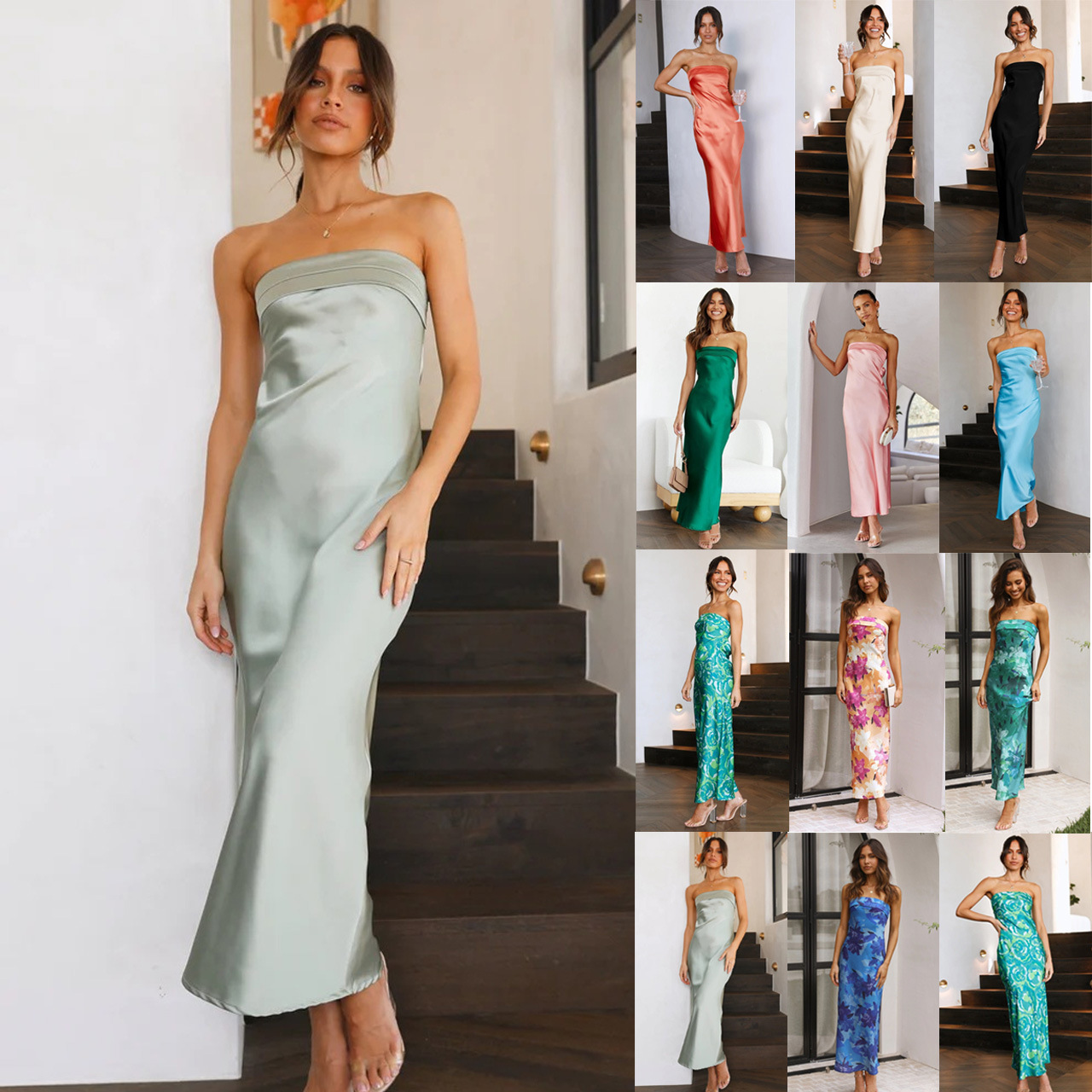 23 years spring and summer new European and American foreign trade temperament socialite satin hollow backless strapless dress long 23082