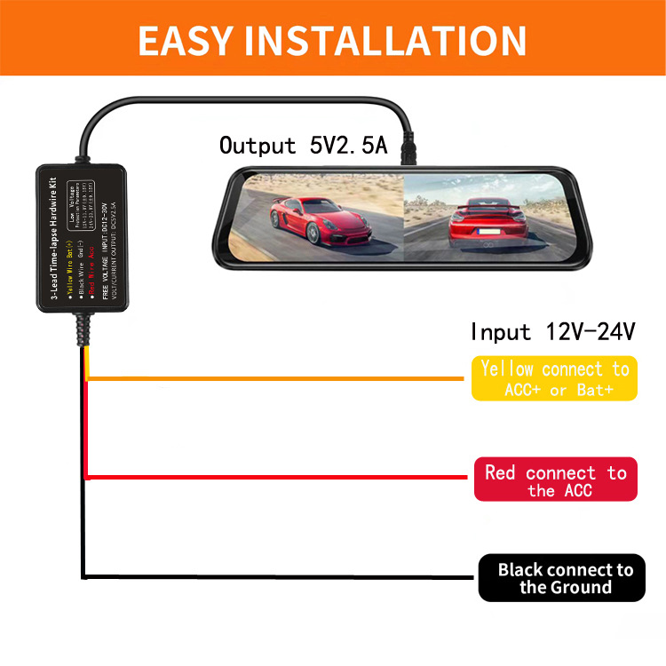 Direct selling car voltage reduction line three-core video streaming media driving recorder 12V to 5V car power cord