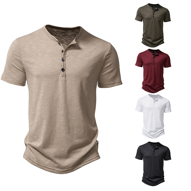 2023 Foreign Trade New European and American Men's Solid Color Henry Collar Polo Shirt Men's Fashion Casual Loose Short-sleeved T-shirt