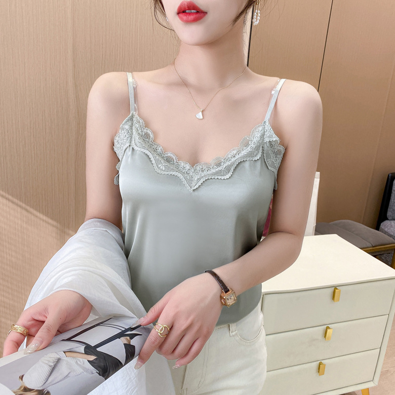 2023 Summer new small camisole women's outer wear slim lace V-neck top inner temperament bottoming shirt