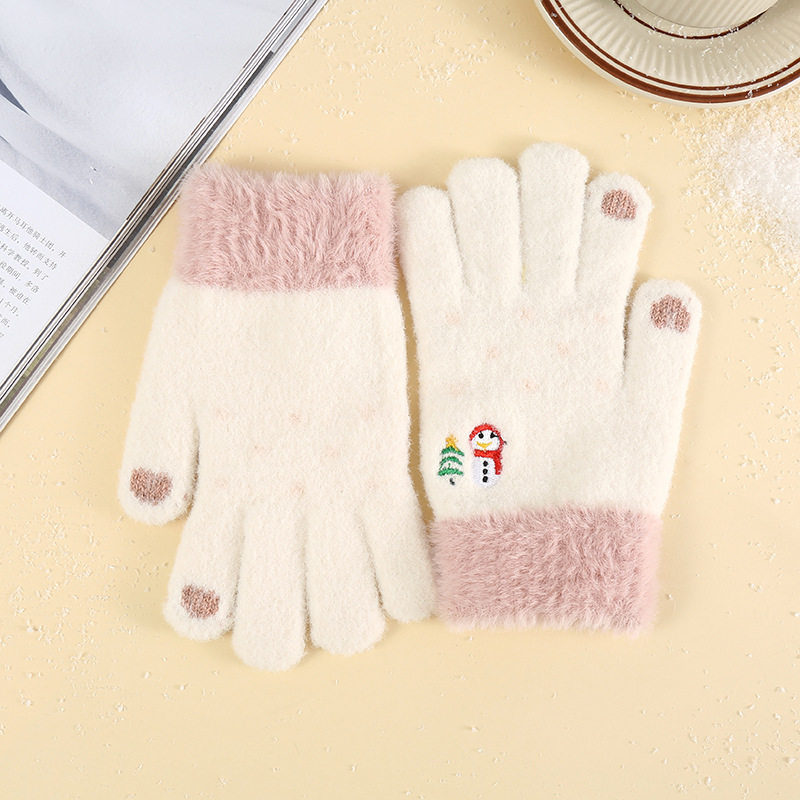 Gloves women's winter plus velvet padded snowman outdoor cold-proof plush warm cute knitted touch screen gloves wholesale