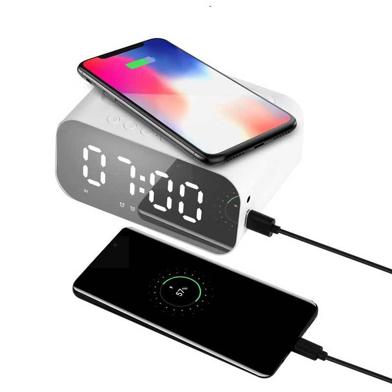 New wireless charging Bluetooth speaker foreign trade hot audio mirror clock alarm clock card speaker factory direct sales