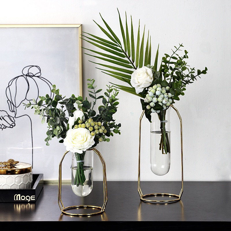 Nordic simple wrought iron glass flower arrangement base electroplating hydroponic vase dining table living room office desktop decoration ornaments