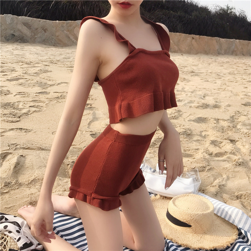 Women's Split Swimsuit Flat Angle Conservative Slim Look Korean ins Style Small Chest Gathered Sexy bikini Hot Spring Swimsuit