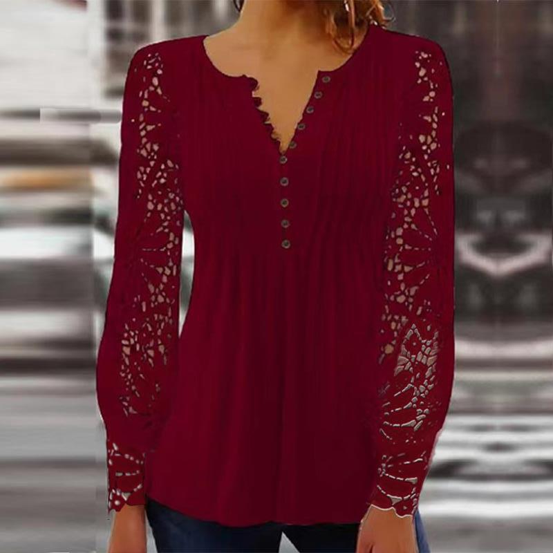 2023 Cross-border European and American Spring and Autumn Fashion New Women's Lace Sleeve Pleated Solid Color Button T-shirt Base Shirt