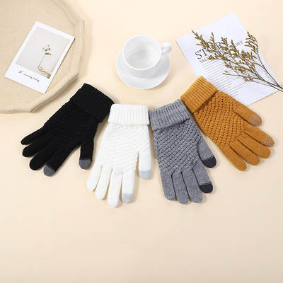 Touch screen gloves knitted jacquard pineapple gloves thickened warm finger men and women foldable non-slip gloves wholesale