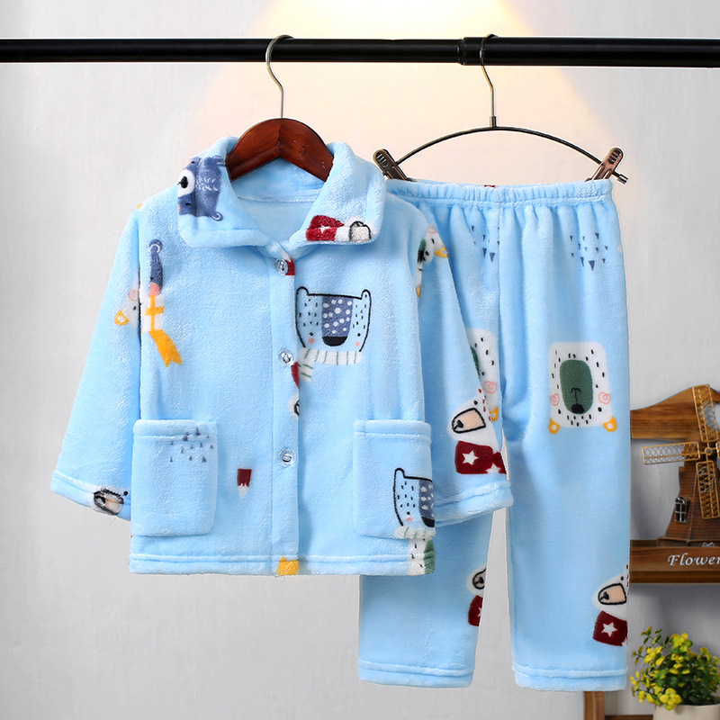 Autumn and Winter Children's Flannel Pajamas Girls' Boys' Baby's Coral Fleece Set Kids and Girls' Thickened Home Clothes