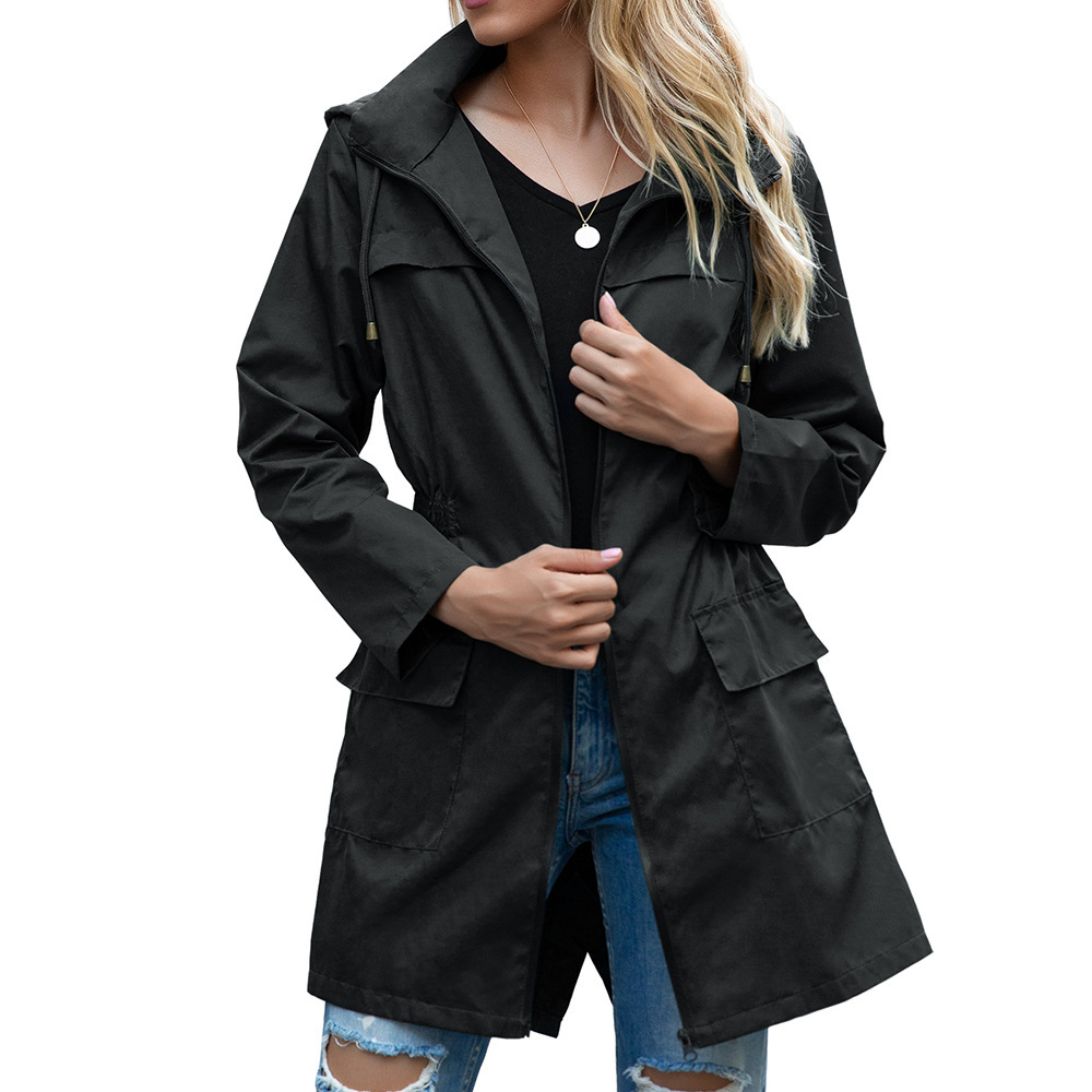 European and American Autumn and Winter New Hooded Waist Rain-proof Clothing Foreign Trade Zipper Women's Raincoat Outdoor Mountaineering Jacket