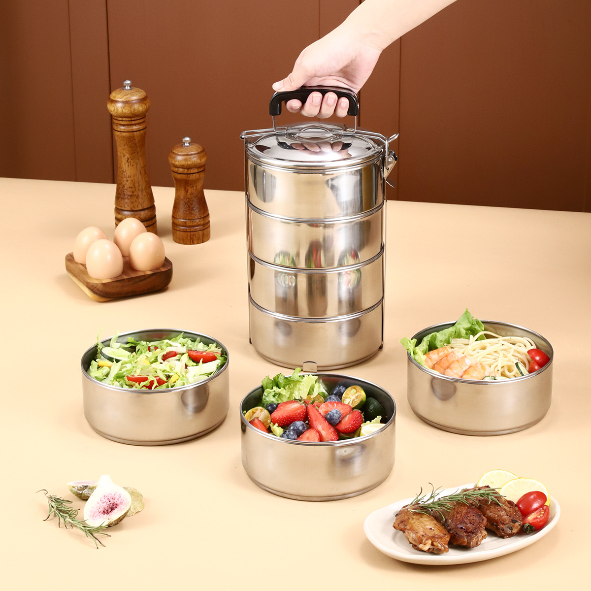 Factory wholesale outdoor thick large capacity pot can be heated portable lunch box student stainless steel multi-layer lunch box
