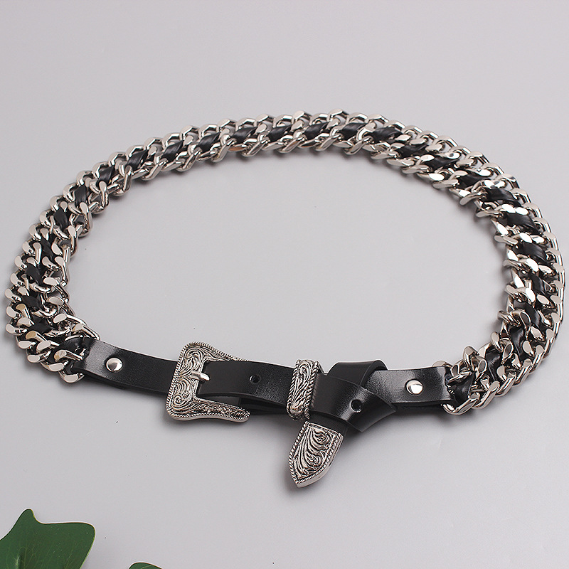 Hong Kong Style Dark Concave Style Fashionable All-match Double-layer Chain Waist Chain Stitching Leather Belt Belt Belt Women's Trendy