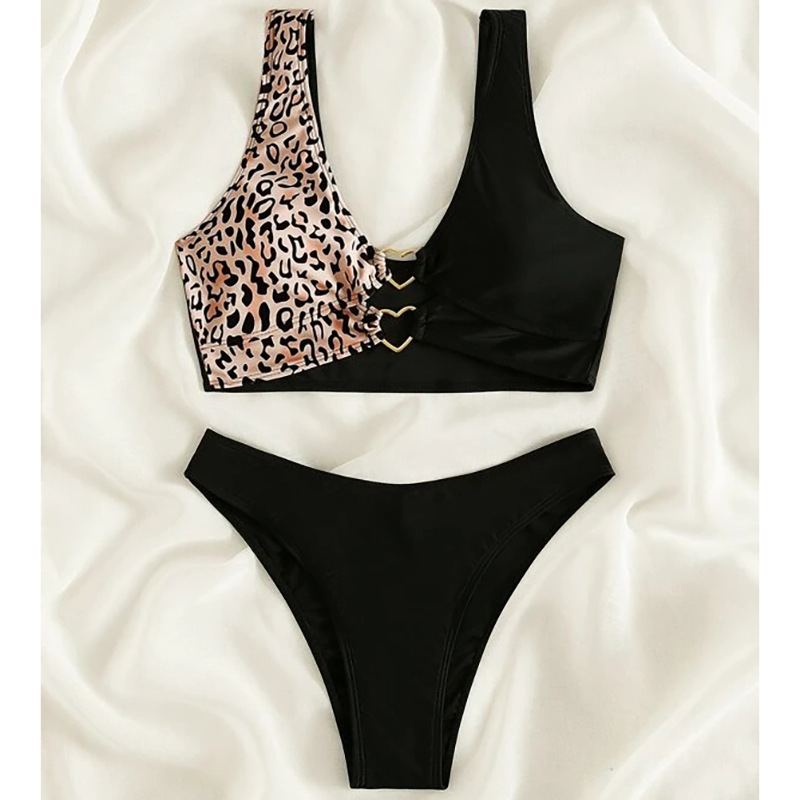 2022 European and American new split swimsuit women's sexy leopard print contrast color stitching Amazon foreign trade bikini