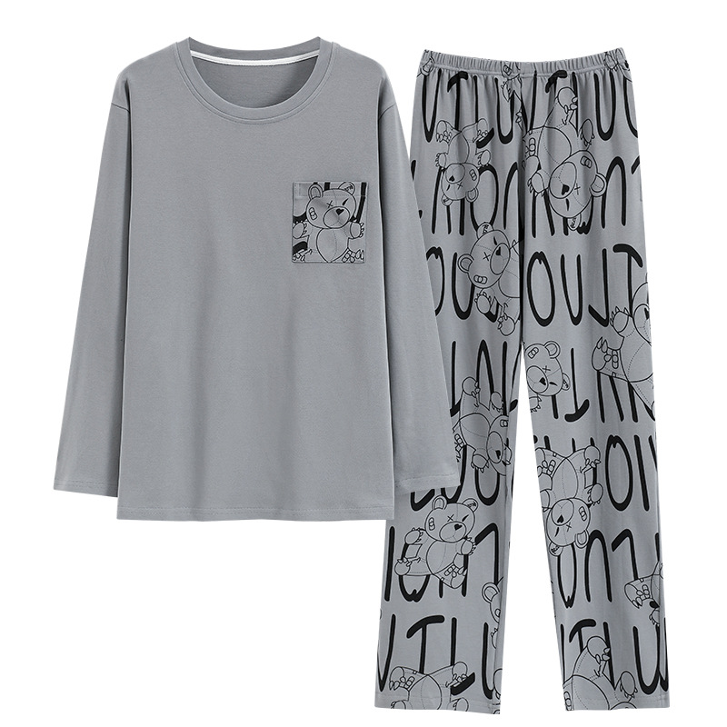 Pure cotton pajamas men's spring and autumn long-sleeved youth solid color casual plus size outerwear homewear dad suit