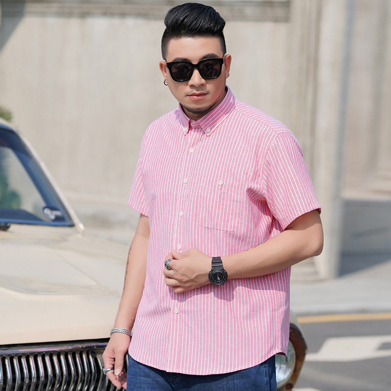 plus size Men's Summer New Short-sleeved Shirt Fat Man Business Striped Point Collar Shirt Fat Brother Amazon AliExpress