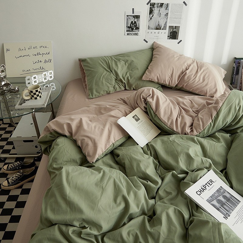 Ins Style Solid Color Double Wash Cotton Bed Four-piece Set Student Dormitory Bed Sheet Quilt Cover Bed Hat Three 3-piece Set