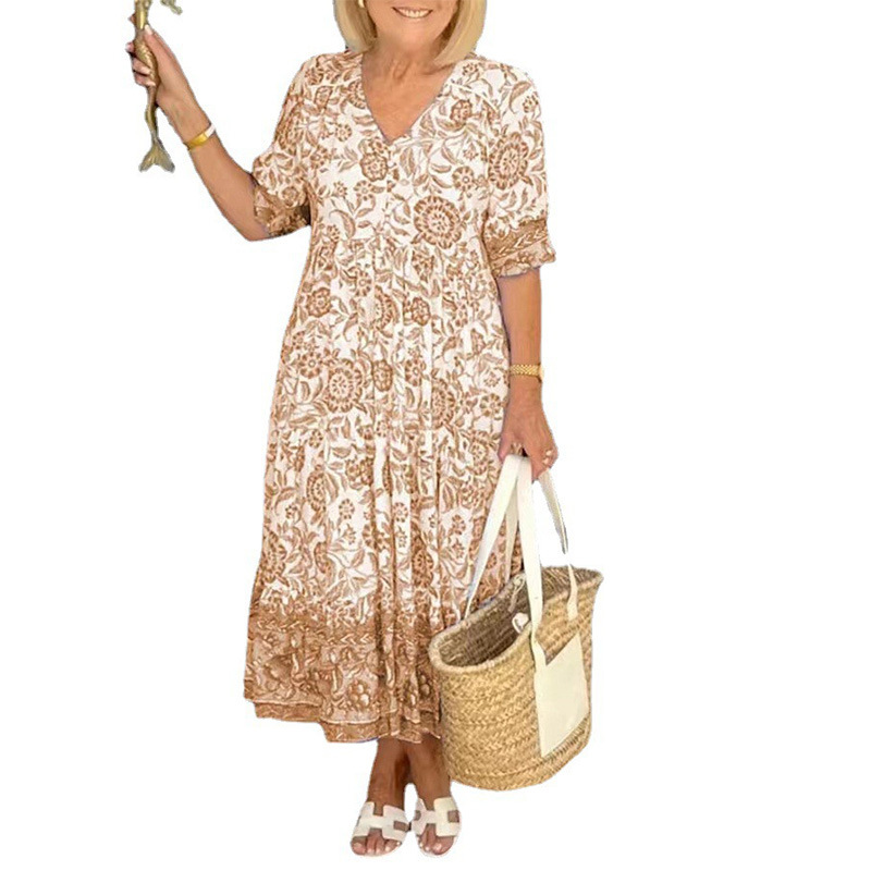 Summer 2023 Amazon Foreign Trade Elegant Commuter Long Floral Tie-Dye Printed Large Size Loose All-match Dress for Women