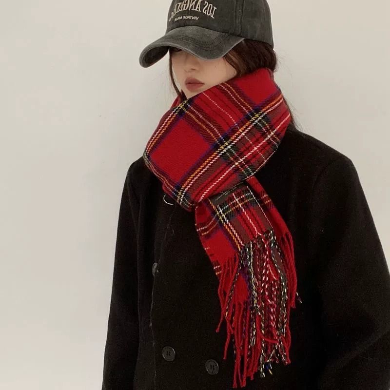 Red Scarf women's winter Korean-style Plaid all-match warm high-grade trendy new year gift Christmas scarf shawl