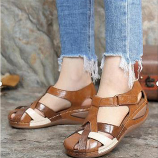 Foreign Trade Large Size 2023 Summer New European and American Retro Round Toe Wedge Women's Roman Shoes Cross Buckle Women's Sandals