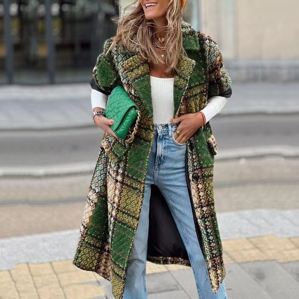S9312 2024 Cross-border Autumn and Winter New European and American Women's Fashion Long Sleeve Lapel Coat Printed Woolen Long Coat_voghion.com