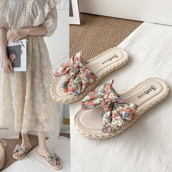 Slippers Women's Summer Outer Wear 2024 New All-Match Fairy Style Sweet Bow Flat Seaside Beach Sandals