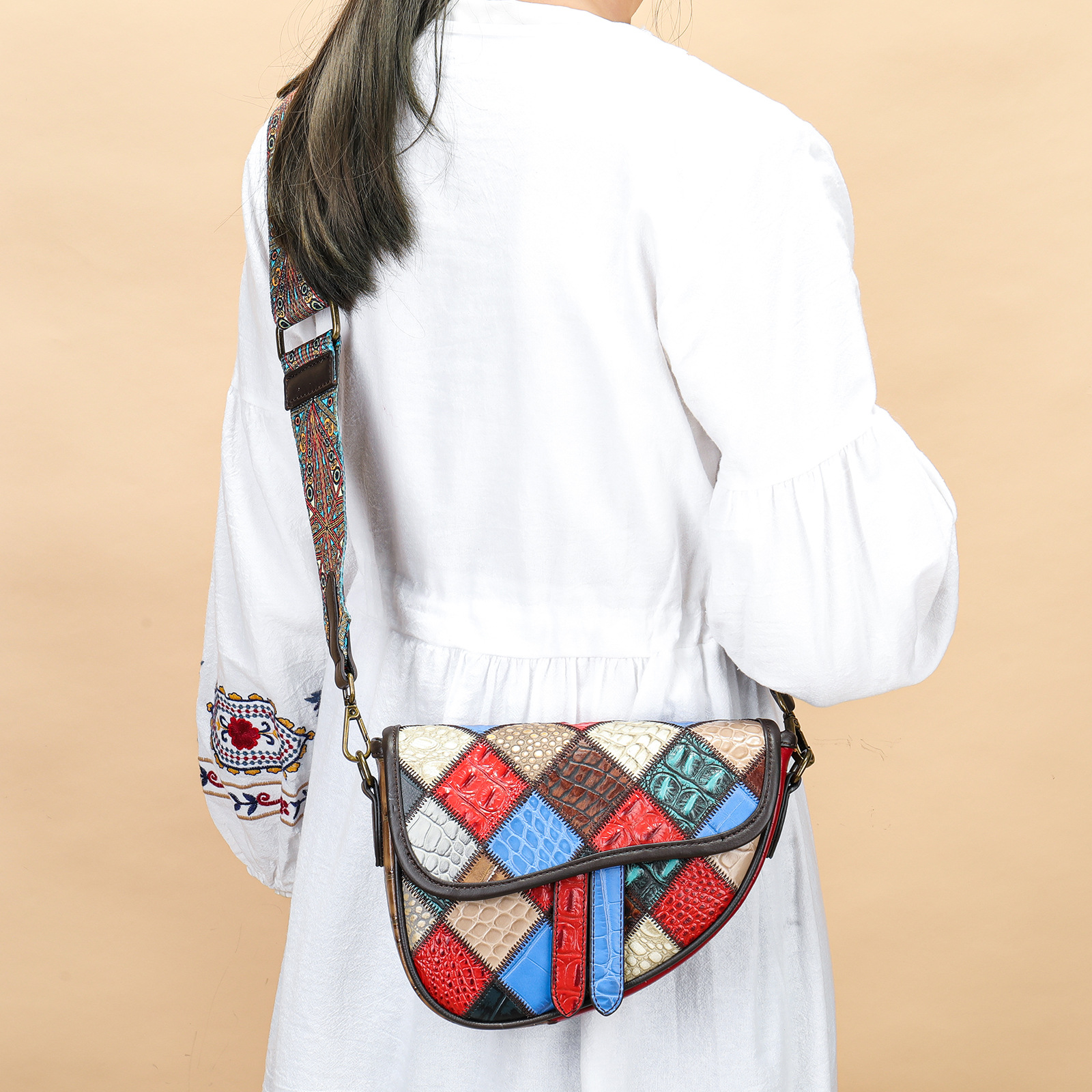 WESTAL new style bag women's colorful rhombic bag genuine leather stitching ethnic style single shoulder messenger bag cowhide saddle bag