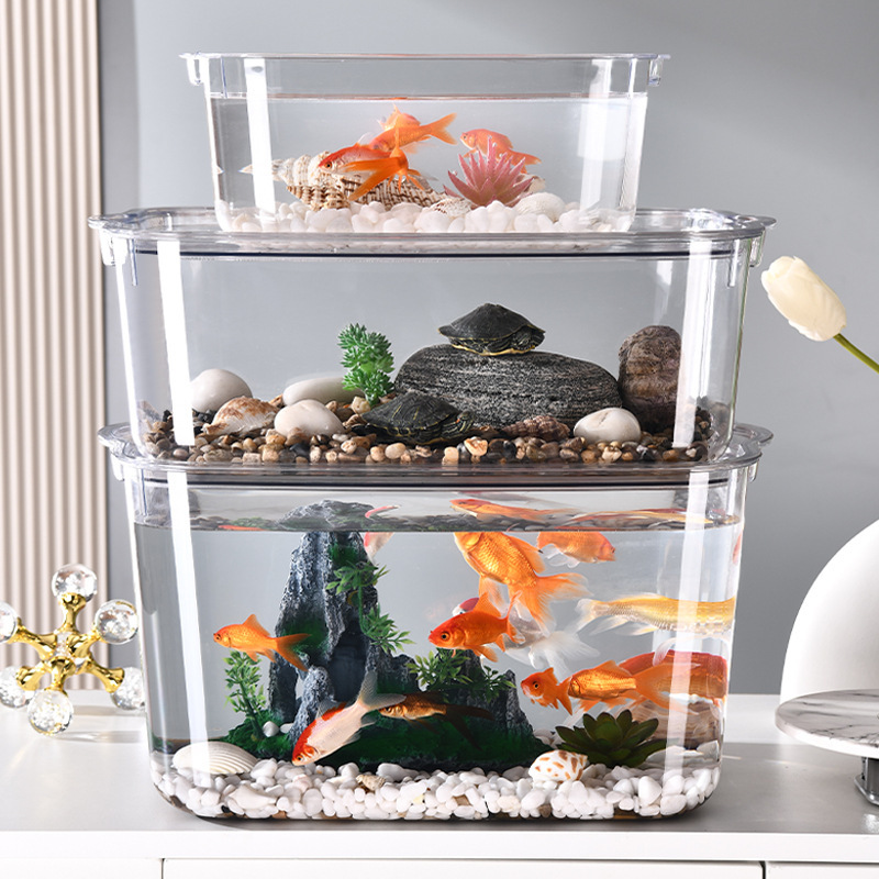 新型プラスチック水槽蓋付き高精細透明水槽金魚鉢亀飼育水槽デスクトップ小型水槽|undefined