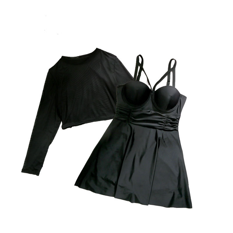 Swimsuit women's large size fat mm160 kg slim belly Black sexy big chest gathered one-piece skirt summer long sleeve sunscreen