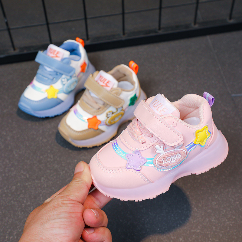 2024 spring and autumn new boys sneaker leather bright lights baby children's shoes women's shoes waterproof running shoes