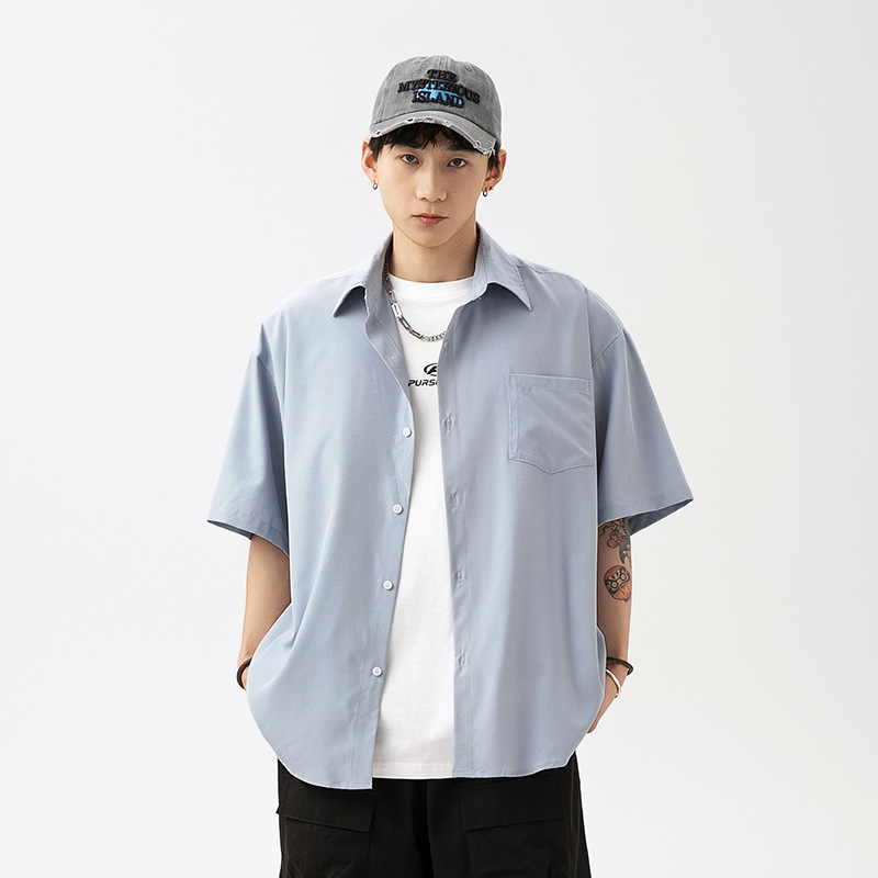 Korean men's smooth draping short-sleeved shirt men's summer new pure color couple casual loose shirt jacket
