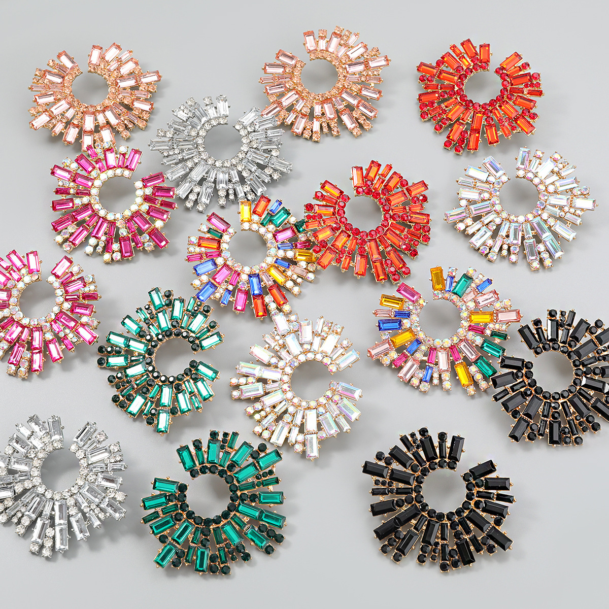 歐美跨境新款合金鑲鑽水鑽太陽花耳環女超閃潮人晚宴耳飾earrings