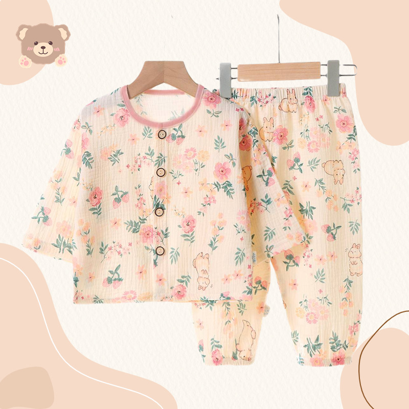 Children's Cotton and Linen Home Clothes Boys' Double-layer Cotton Gauze Girls' Short-sleeved Thin Suit Baby's Summer Air Conditioning Pajamas