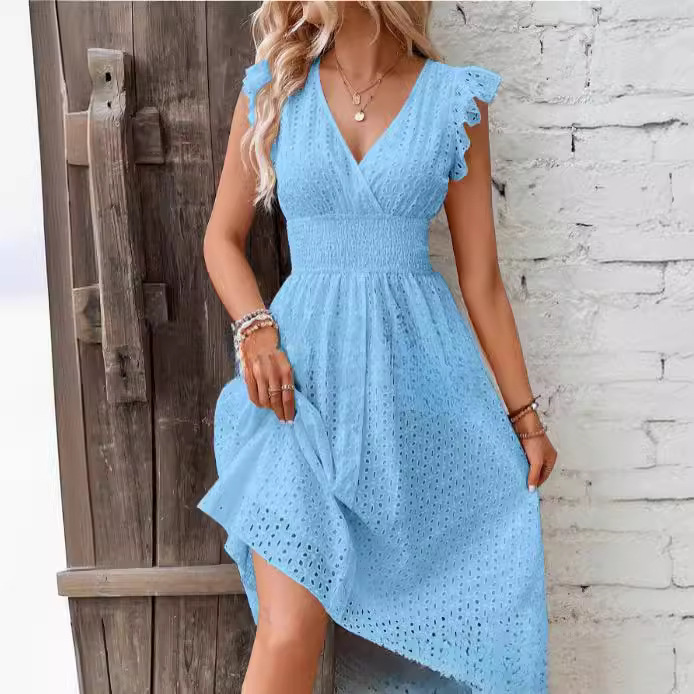 Summer New Style Lotus Leaf SleeVes Elegant Slimming Look V Neck Women's Fashion Large Size Cut Out Dress for Women