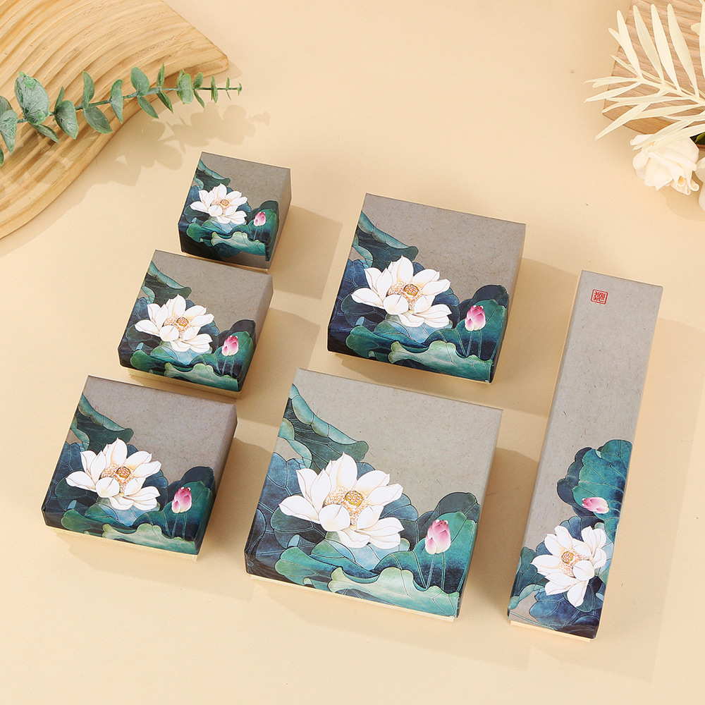 Spot Blue Paper Vintage Lotus Jewelry Box Tiandi Cover Bracelet Necklace Gift Box Jewelry Packaging Box