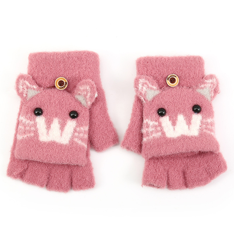 Plush gloves Children Baby windproof writing kitten half finger flip fleece-lined thick warm winter gloves wholesale