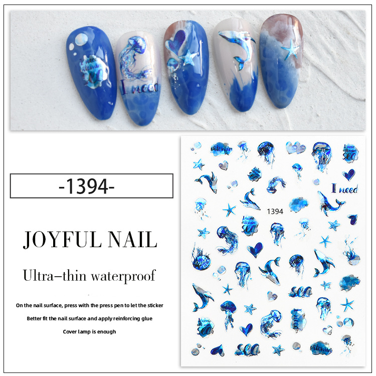 Laser nail stickers Wholesale Ocean series 3d nail decals jellyfish dolphin shell starfish children nail stickers
