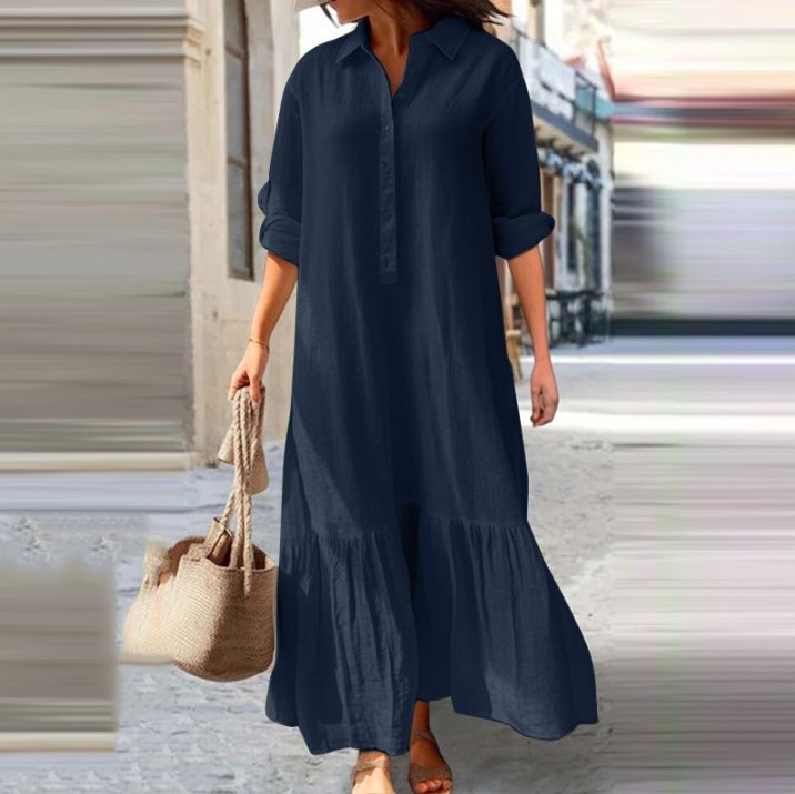 2023 foreign trade European and American new cotton and linen long irregular dress shirt collar twisted buckle casual dress