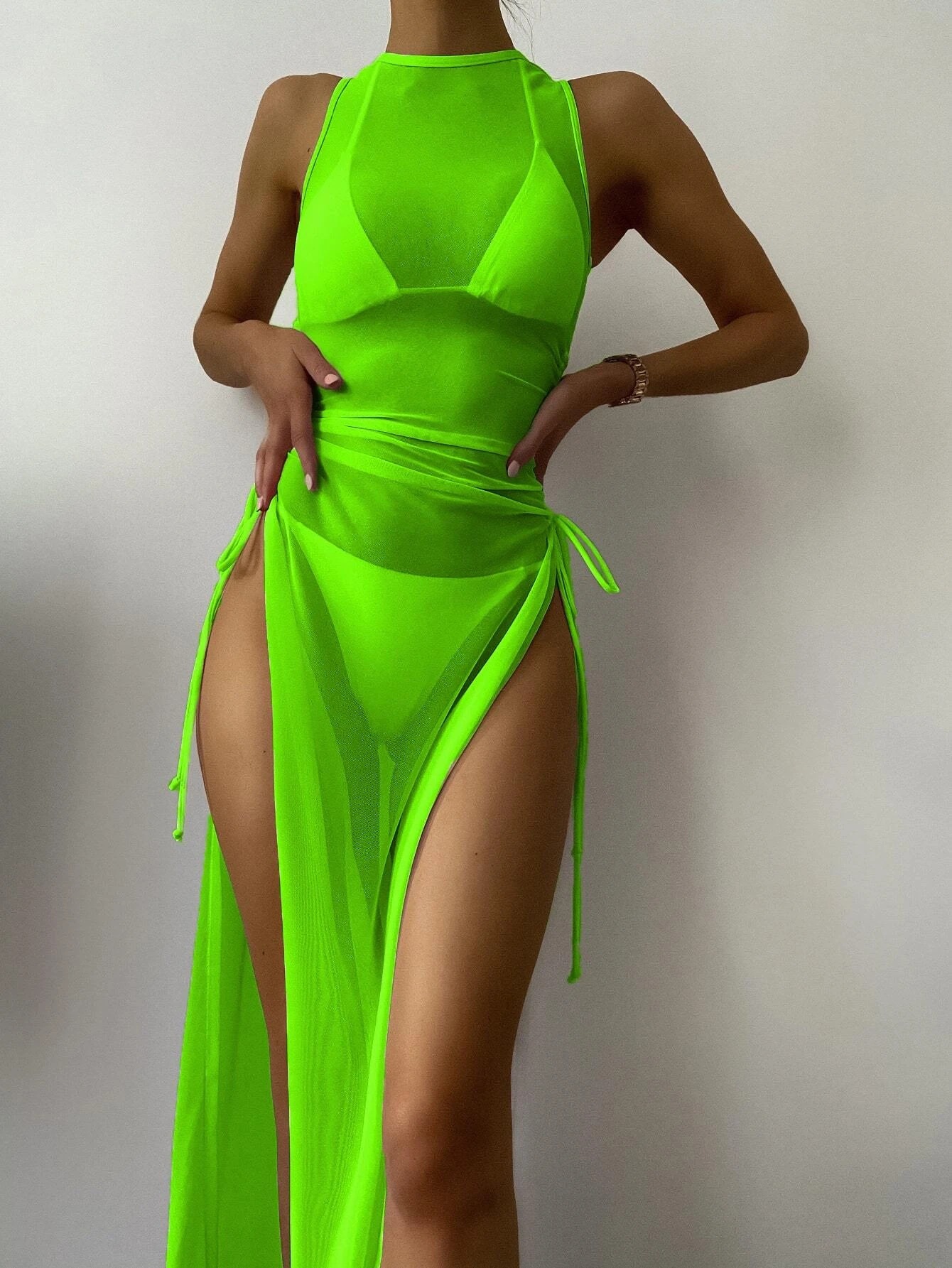 2023 AliExpress European and American Cross-border Swimsuit Women's Split AliExpress Printed Mesh Three-piece Internet Celebrated Bikini