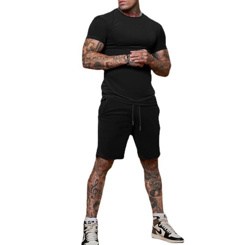 Foreign Trade Men's Solid Color Shorts Short-sleeved T-shirt Sports Suit Men's Thin Summer Two-piece Printable logo