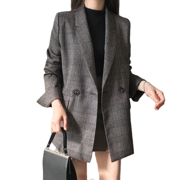 Korean chic early autumn retro simple plaid lapel two-button loose double-pocket long-sleeved small suit jacket for women