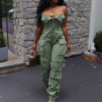 2024 European and American Cross-border Women's New Fashion Sexy Strapless Single-breasted Multi-pocket Workwear Pants