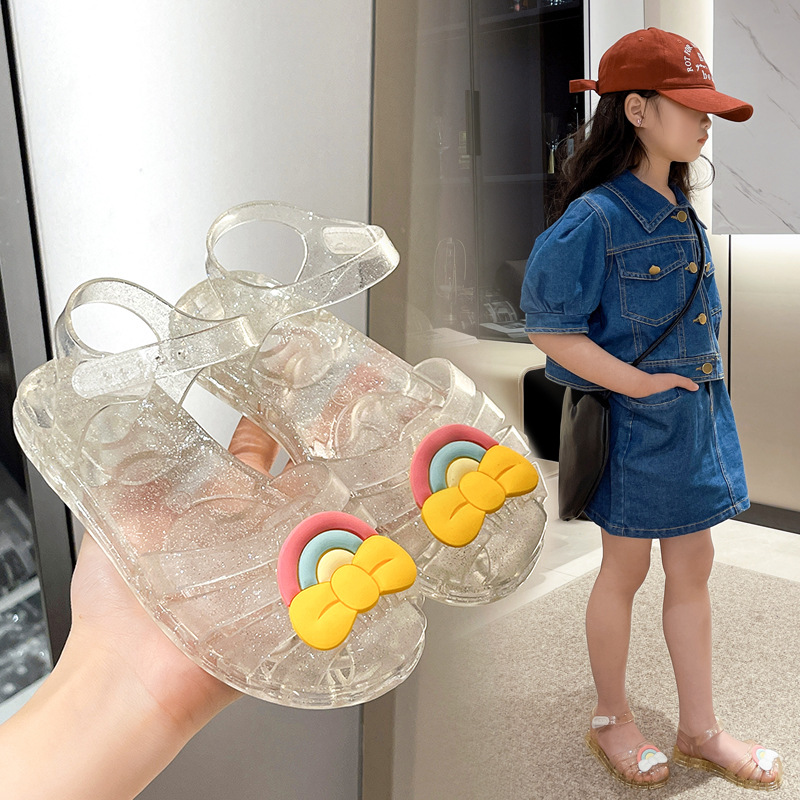 Summer New Children's Sandals and Slippers Women's Children's Rainbow Bow Jelly Shoes Princess Baby Shoes Beach Shoes