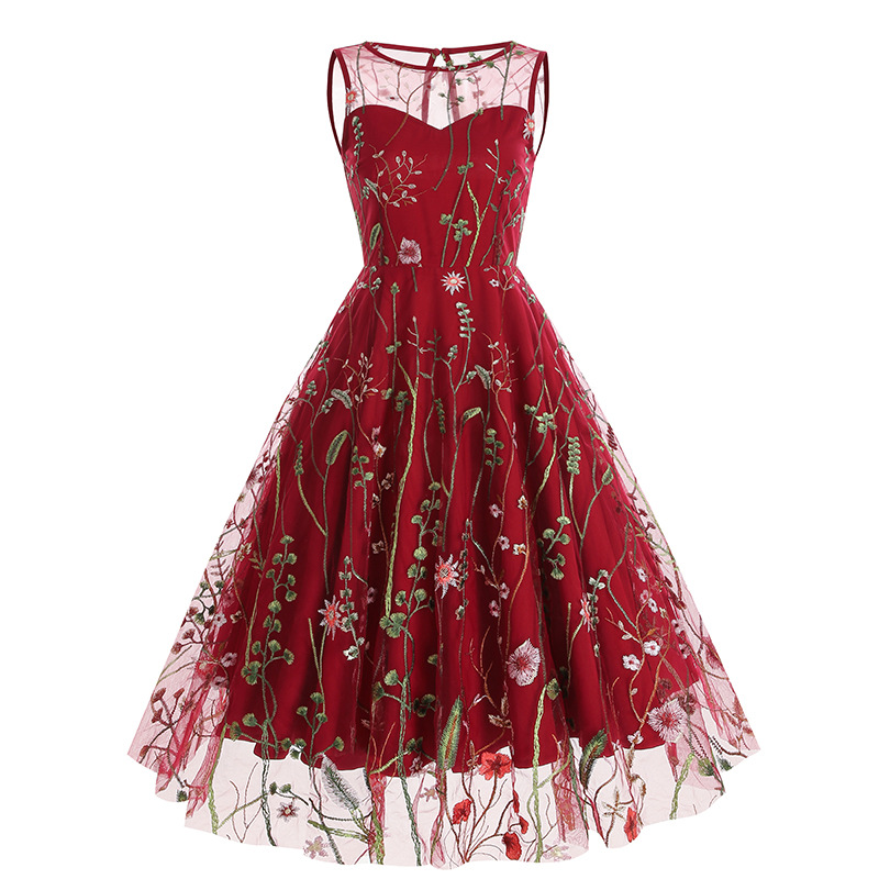 Amazon Europe and the United States cross-border round neck sleeveless heavy embroidery dress 50s dress 8065