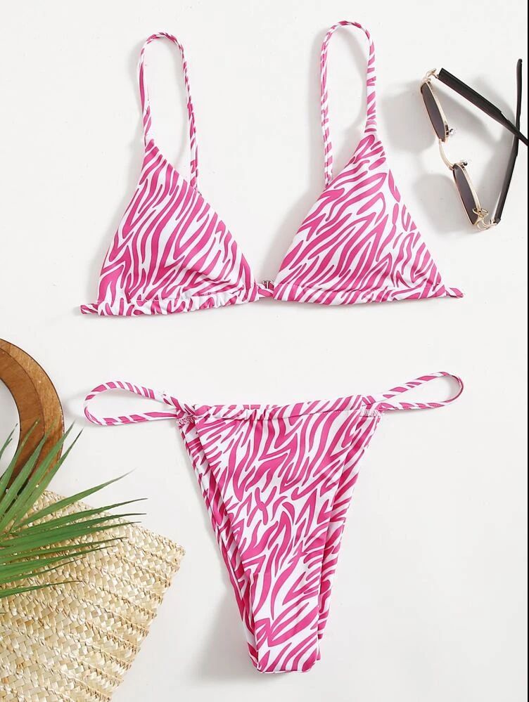 European and American Sexy Triangle Split bikini Swimsuit Cross-border Foreign Trade Striped Printed Drawstring Women's bikini Swimsuit
