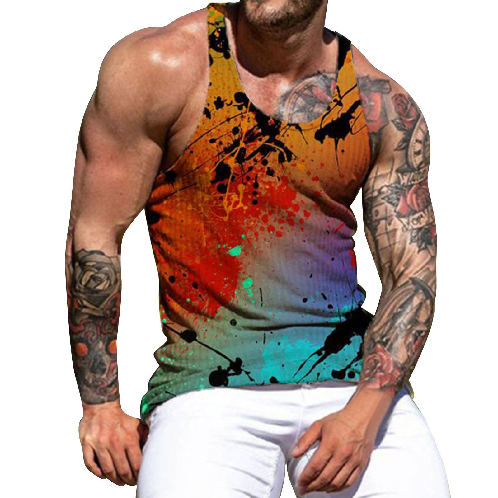 Cross Border 3D Printed Vest Leopard Print Tie Dye Summer Fashion Casual O Collar T-shirt Men's Fitness Clothes Bodybuilding Vest