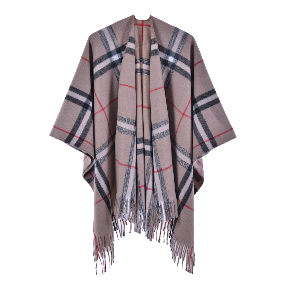Wholesale European and American big name warm shawl ladies spring split tassel striped plaid cape Amazon