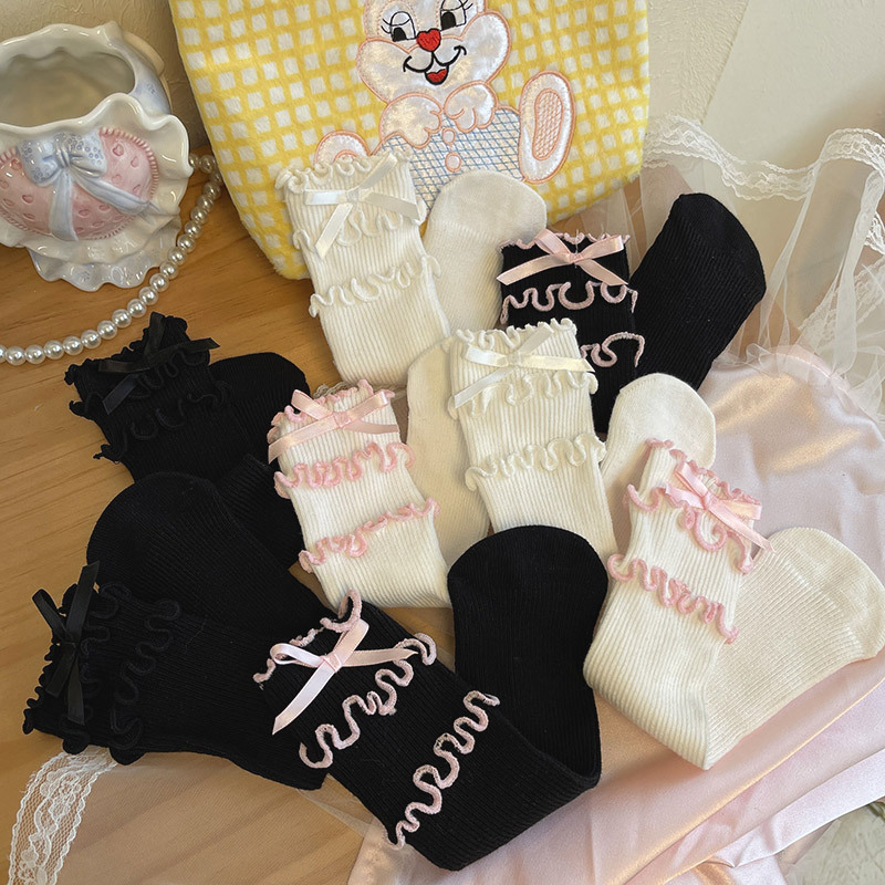 hotmoon New Japanese Style Three-Layer Fungus Lace Bow Princess Female Children's Baby Dance Pile Socks Female