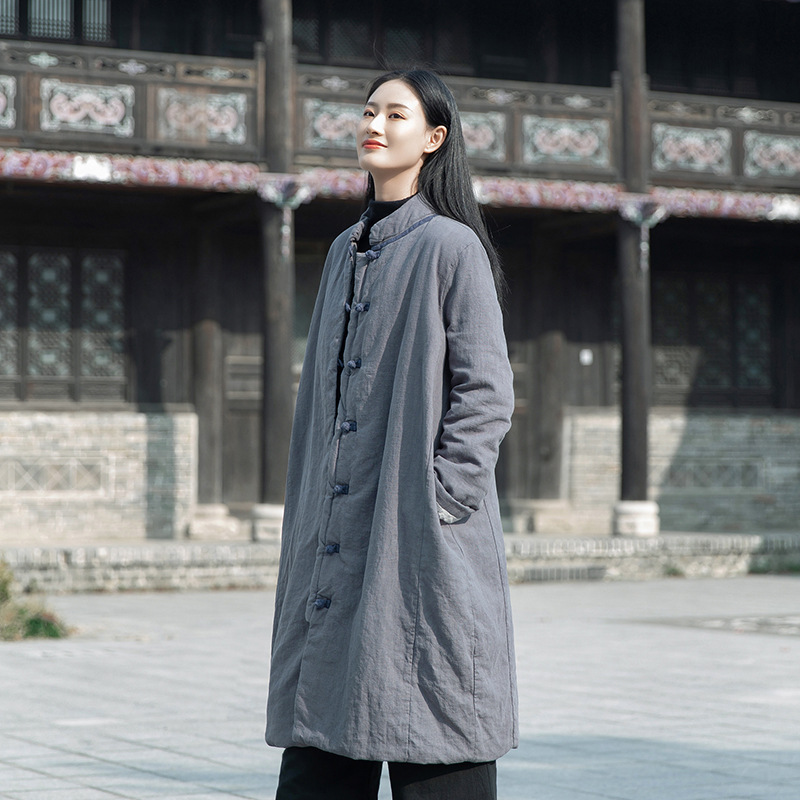 2023 Winter Neue Vintage Chinesischen Stil Vertikale Kragen Chinesischen Stil Kontrast Farbe Platte Schnalle Mittellange Baumwolle gefütterte Jacke Leinen Lose Baumwolle-pad_voghion.com